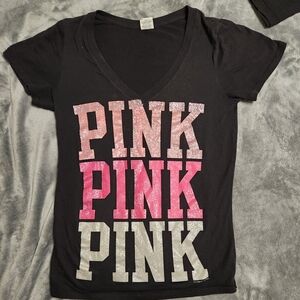 Victoria Secret Pink V-neck T-Shirt. Black With 3 pink glitter shades.